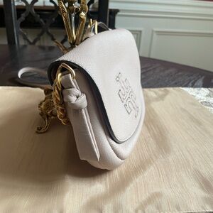 Tory Burch leather miller crossbody bag, tan/nude, L5’ W10’ D2”
